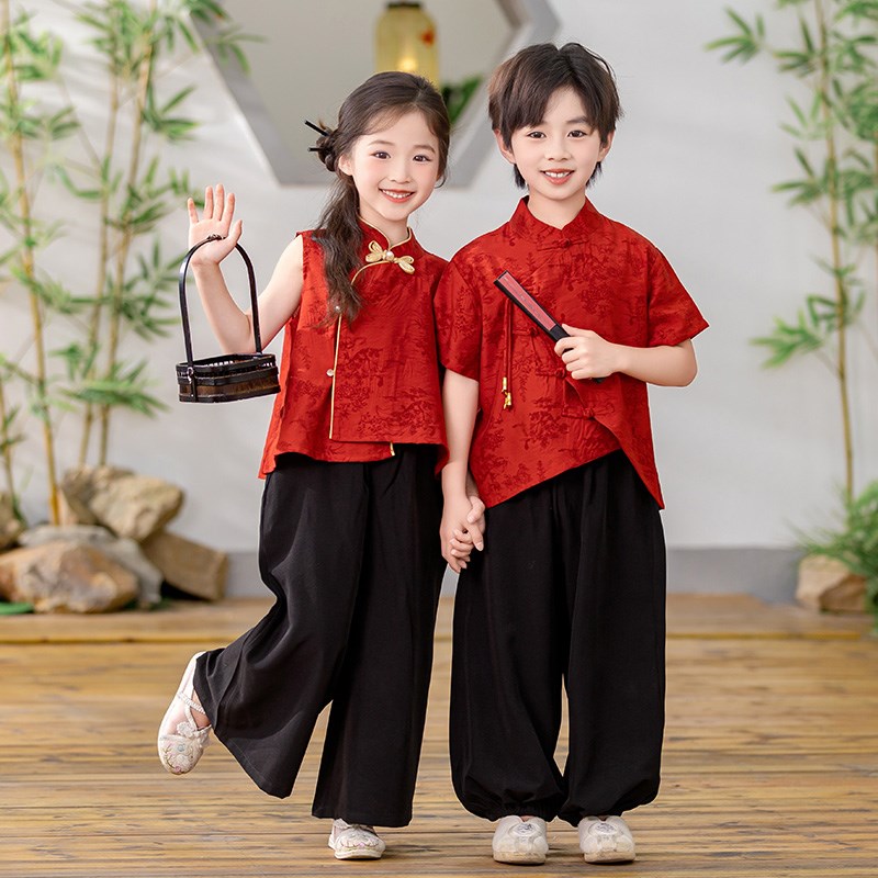 儿童夏季汉服红色表演服男孩古风唐装幼儿园男女童生日新中式套装