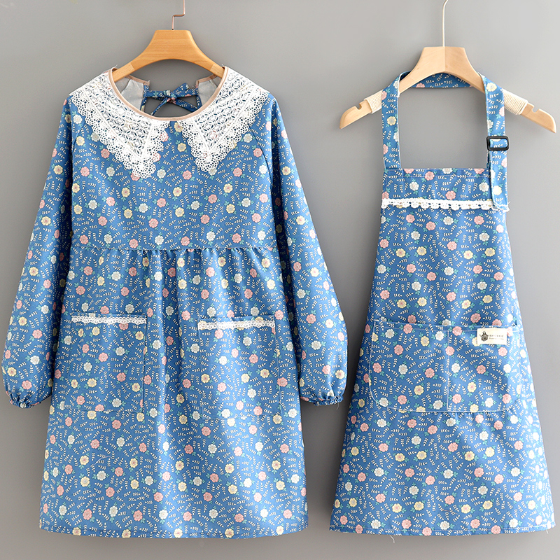 帆布长袖厨房做饭可爱洋气网红围裙罩衣长袖蕾丝日系家用防油围腰