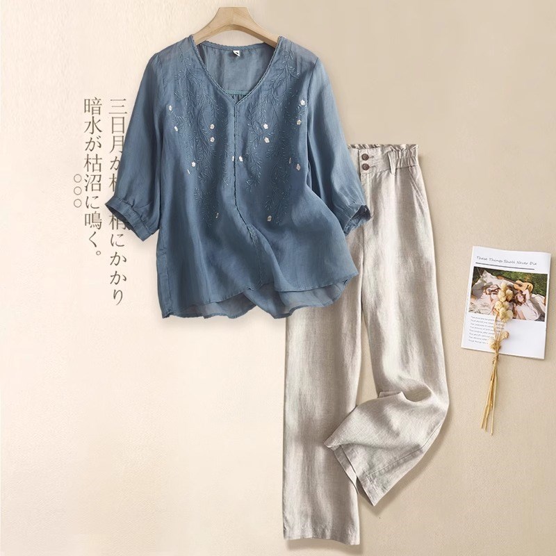 中年妈妈夏装棉麻套装女士夏季2025新款洋气高端亚麻休闲裤两件套