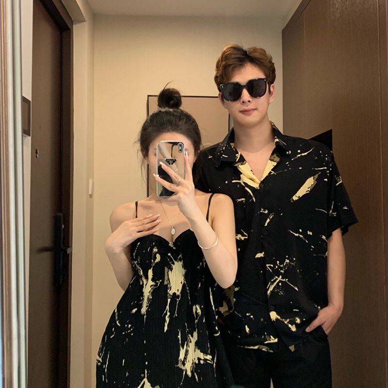 你衣我裙情侣装夏季法式吊带连衣裙设计感小众韩版海边沙滩衬衫潮