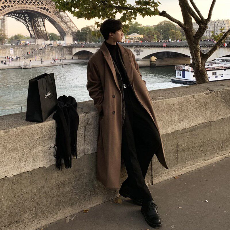 毛呢大衣男中长款过膝秋冬季加绒加厚呢子外套高级感男生韩系风衣