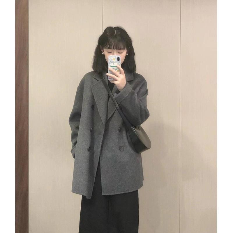 韩系灰色西装呢子大衣女2024年秋冬季新款毛呢外套冬天小个子短款
