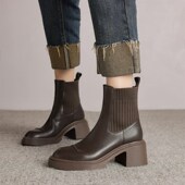 棕色复古羊皮圆头粗跟时装 秋季 针织拼接高跟k短靴女2024新款 靴