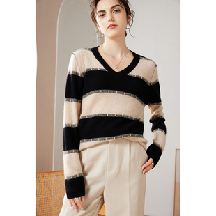 宽松长袖 女100纯山羊绒针织打底衫 毛衣 V领条纹羊绒衫 2024秋冬新款