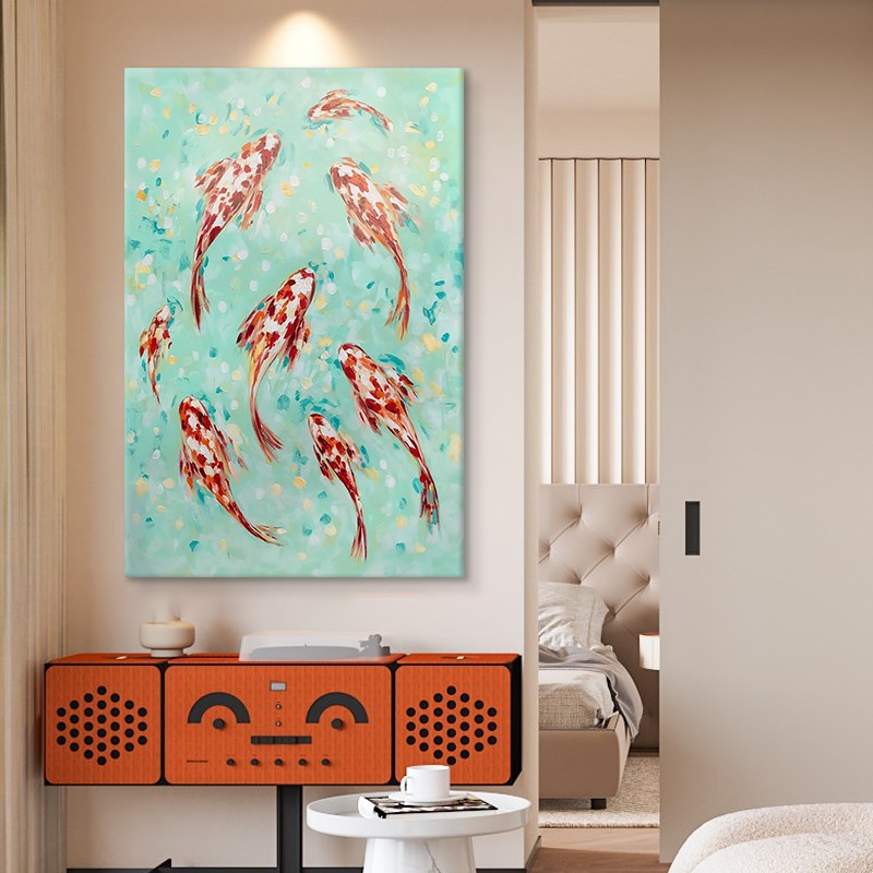 九鱼图锦鲤纯手绘油画玄关过道小众艺术挂画客厅沙发背景墙装饰画图片