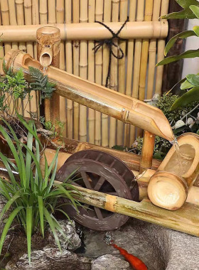 庭院装饰竹子筒流水器石槽鱼缸风水轮车招财摆件喷泉加湿增氧循环