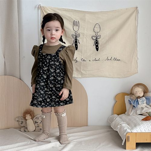 宝宝背带连衣裙套装秋季新款韩版女宝洋气碎花牛仔背心裙婴儿秋装