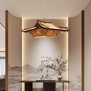 手工木雕中式复古建筑房子宫殿楼阁造型软装禅意橱窗茶室吊灯吊饰