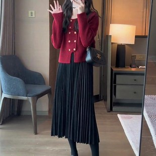 百褶半身裙女秋冬大码 垂感显瘦a字伞裙子m黑色百折大摆长裙 中长款