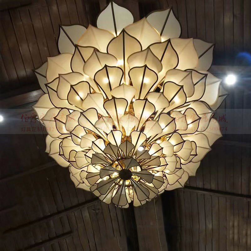 酒店大堂莲花吊灯会所大厅宴会厅新中式布艺造型非标工程灯具定制