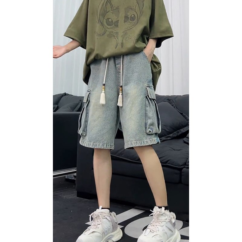 新中式国风牛仔短裤男款夏季多口袋工装休闲裤宽松大尺码运动五分