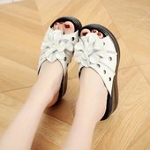 女2021夏D季 坡跟妈妈鞋 凉拖鞋 民族风真皮手工花朵拖鞋 松糕鞋 女凉