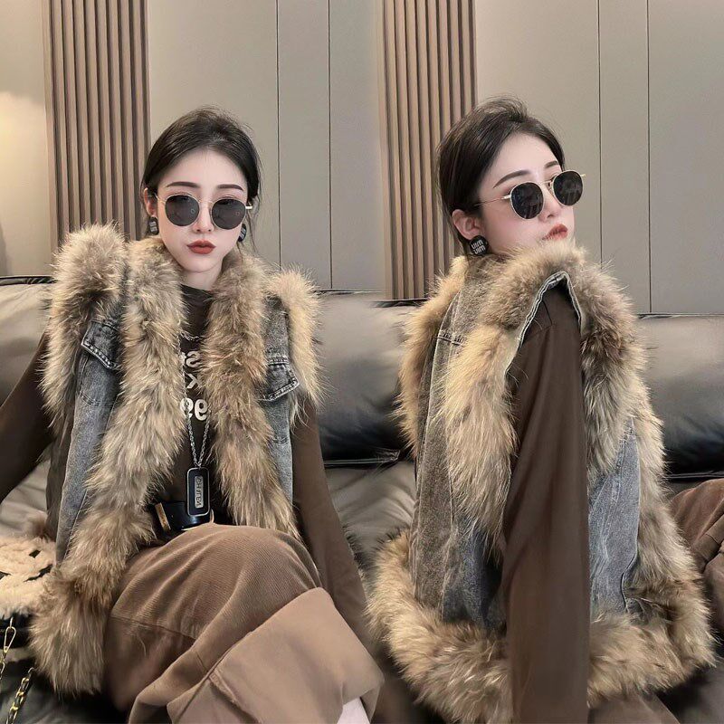 2024秋冬新款韩版时尚洋气牛仔拼接貉子毛马夹女外套无袖马甲背心