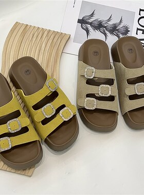 新款5830-1真皮踩屎感水钻皮带扣厚底沙N滩女夏外穿一脚蹬凉拖鞋