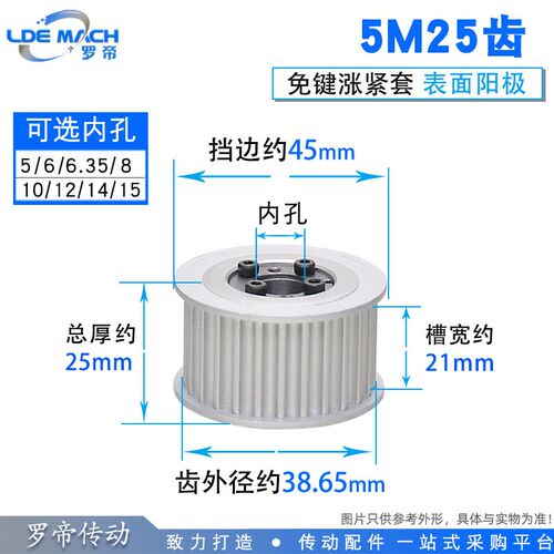 涨紧套同步轮5M25齿5M25T同步皮带轮 槽宽21 内孔5-15 铝合金带轮