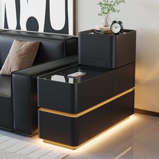 黑色轻奢皮质高级感沙发边柜智能客厅小茶几多功能边几隔断床头柜
