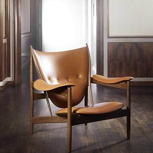 意式主人酋长椅实木真皮椅子单人客厅休闲椅阳台设计师中古沙发椅