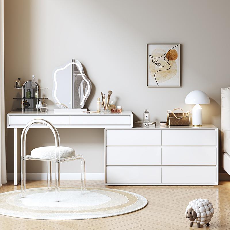 实木奶油风梳妆台斗柜一体多功能伸缩转角化妆台化妆桌卧室现代