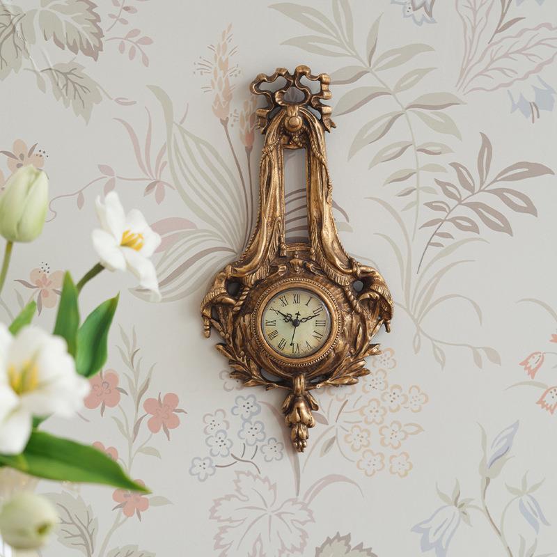 润家家居复古法式装饰挂钟客厅壁钟仿古做旧中古风雕花壁挂钟表