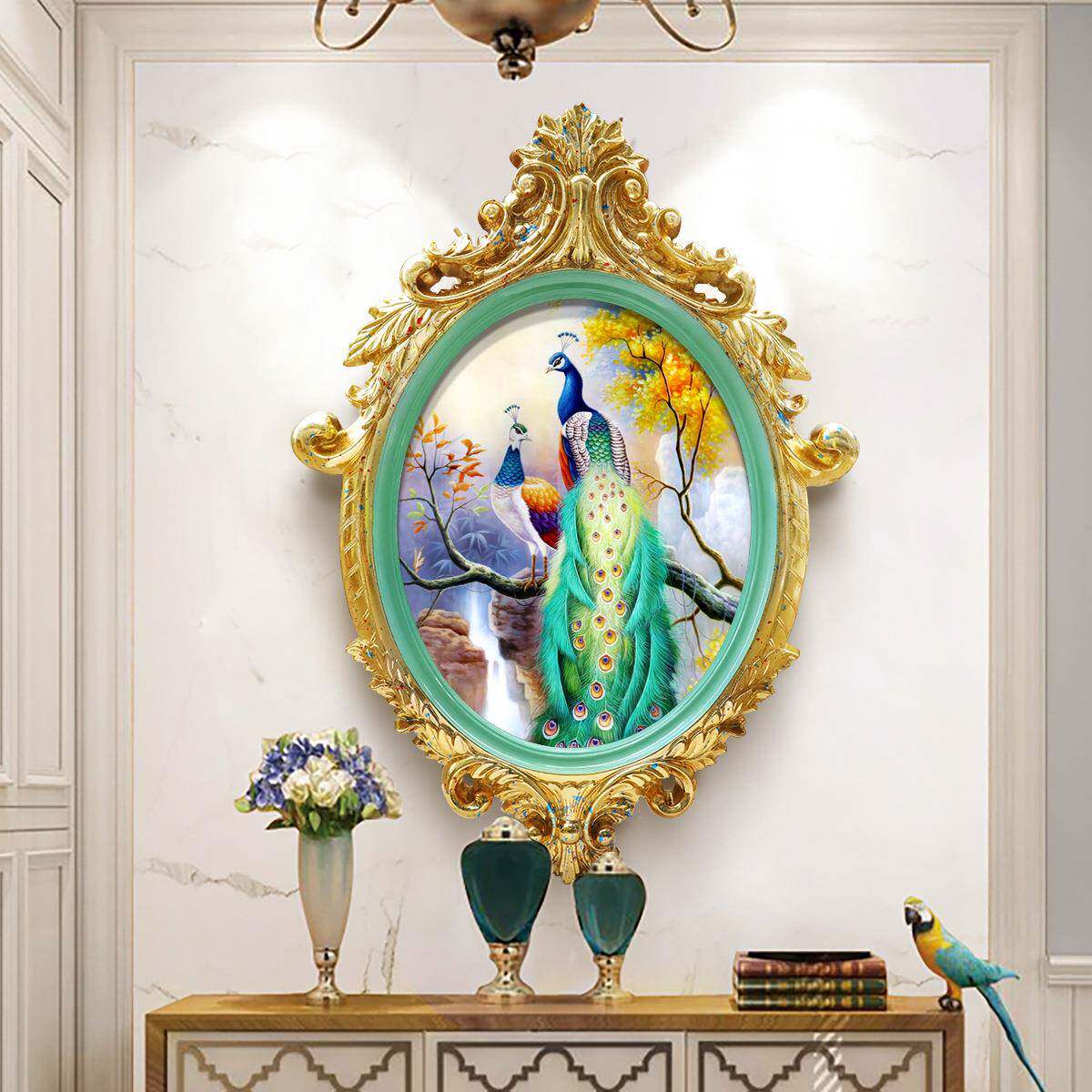 玄关挂画入户走廊壁画竖版椭圆形小众画孔雀油画欧式轻奢装饰画