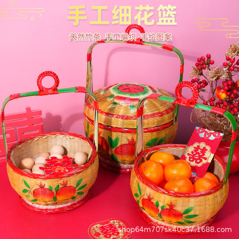 纯手工编织彩绘竹篮潮汕传统喜庆婚嫁女方用品竹制花篮竹艺摆件