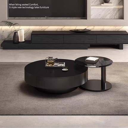 意极简纯CJ021-98黑岩板式不锈钢圆形茶几组合0现代小户型客家厅