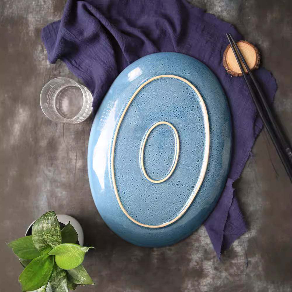 玉泉陶瓷窑变釉中式鱼盘鱼碟盘家用菜盘创意韩式大号鱼盘子轻奢风