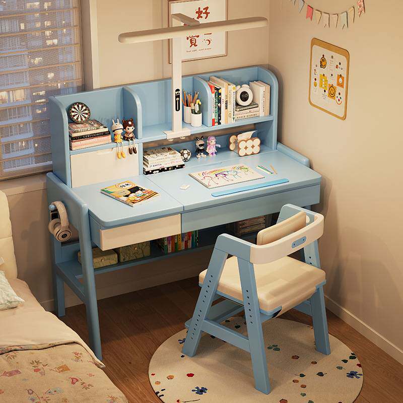 实木书桌书架一体家用小户型电脑桌可升降卧室床边小桌子带护眼灯