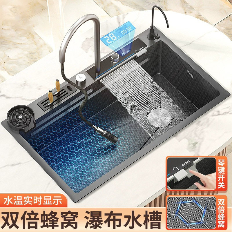 纳米手工加厚洗碗池大单槽SUS304不锈钢蜂窝压纹家用厨房水槽单槽