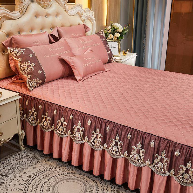 外贸仿真丝蕾丝夹棉床裙单件纯色简约欧式公主风床垫保护套床罩
