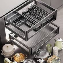 拉篮厨房橱柜太空铝双层抽屉式碗架收纳调味内置橱柜铝合金碗碟篮