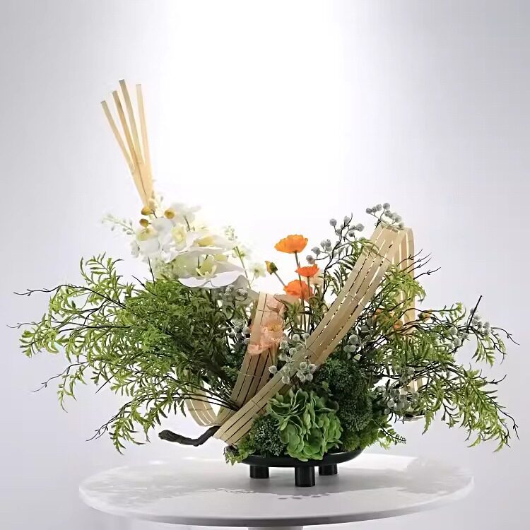 新中式景观竹筏绿色盆景仿真花艺售楼部酒店酒楼包厢餐桌软装摆件