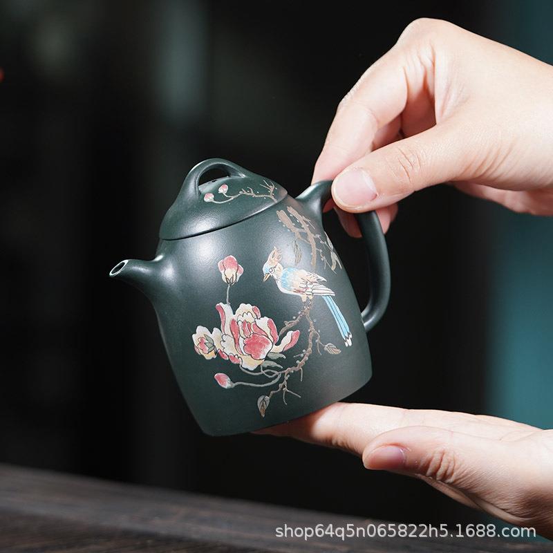 宜兴原矿正宗手工绿泥彩绘小鸟秦权紫砂壶大容量家用泡茶壶套装
