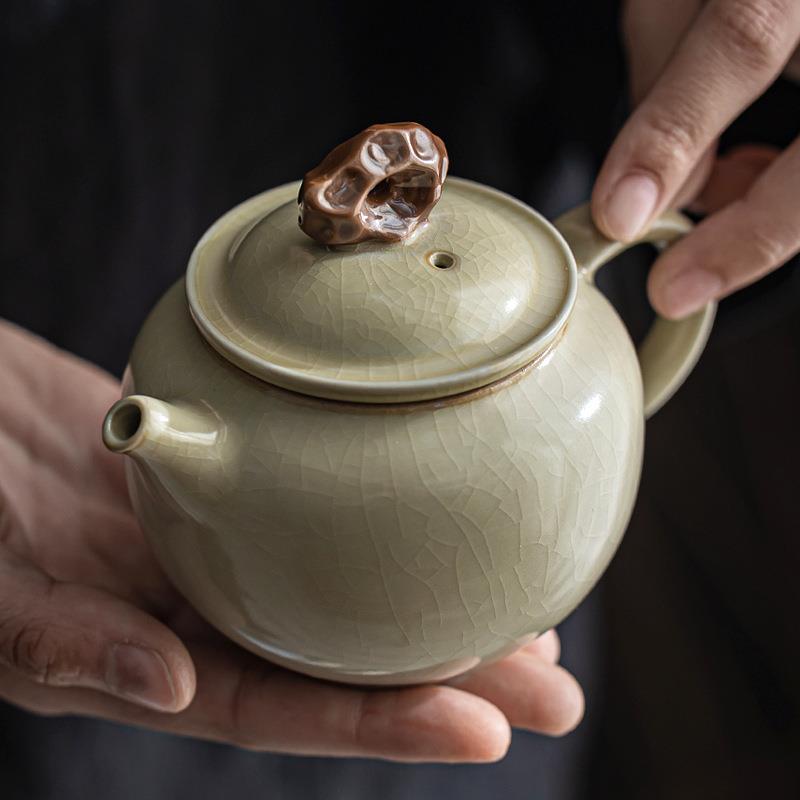 米黄汝窑茶壶陶瓷开片可养泡茶器单壶正把壶带家用球孔过滤壶茶具