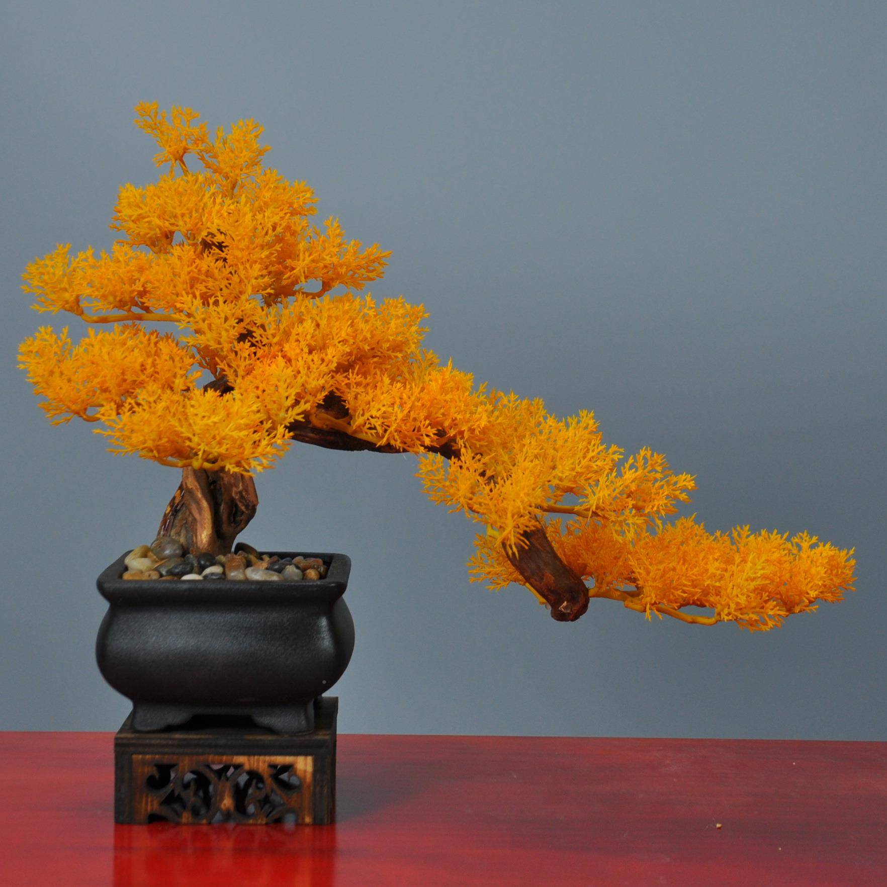 新式仿板真绿植盆景崖柏迎客松植物艺品工摆件家中居样间M00071软