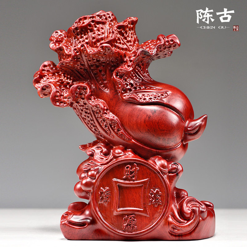 红色木雕刻白菜摆件实木百财雕刻家居客厅玄关装饰开业送礼工艺品