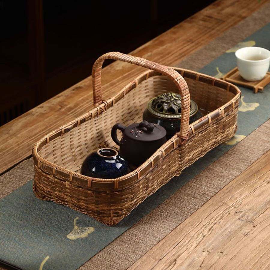 竹编提篮古风大漆茶点篮复古手提篮竹篮子便携野餐篮水果篮收纳筐