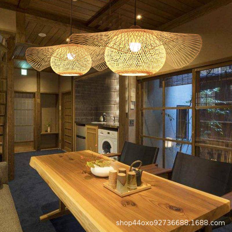 中式餐厅竹编吊灯茶室大厅藤编草帽吊灯饭店复古藤艺斗笠茅草灯