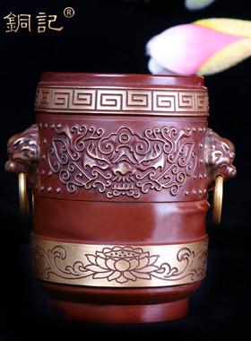 铜器复古桌面办公摆件铜笔筒狮头莲花笔筒笔筒