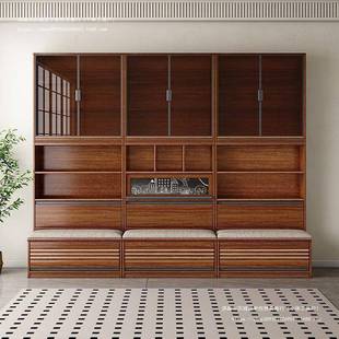 胡桃木实木书柜卡座带玻璃门多功能置物柜客厅落地自由组合展示柜