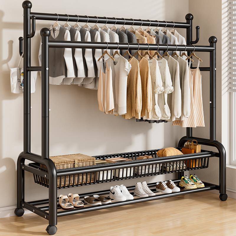 挂衣架卧室落地家用房间室内双杆晾晒衣服架子可移动多功能衣帽架