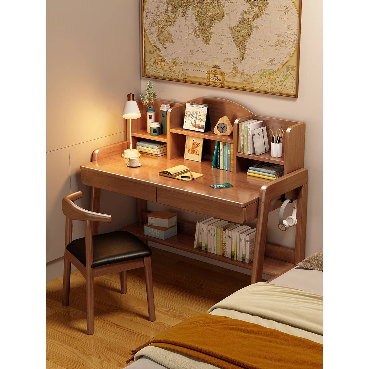 实木儿童学习桌卧室床边桌小户型书桌家用书架一体中学生写字桌椅