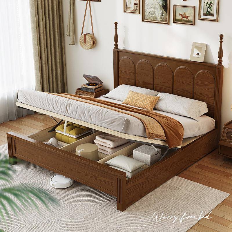 主卧家用1米5的床胡桃木色箱体气压高箱储物床单人床美式纯实木床