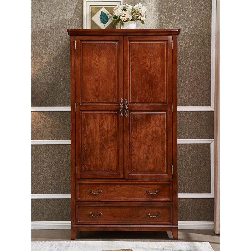 美式实木双门衣柜家用卧室两门衣橱小户型简约米储物高柜小挂衣柜