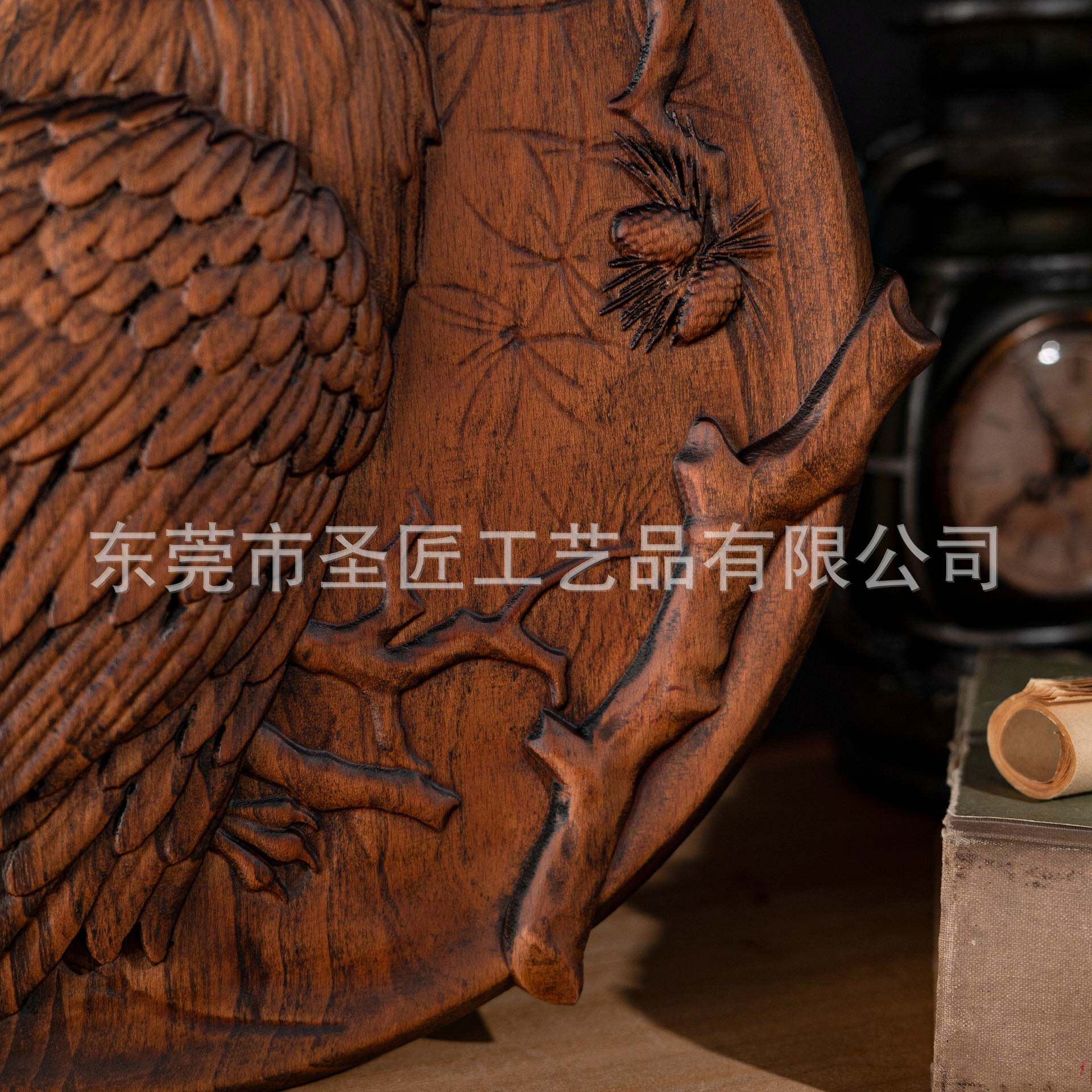 跨境家居摆件猫头鹰圆盘木质动物雕刻手工艺品客厅玄关木制装饰