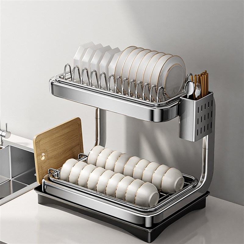 不锈钢碗碟收纳架厨房台面沥水碗架家用放K碗筷餐具盘子双层置物