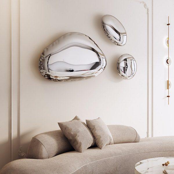 不锈钢水滴壁挂金属艺术品鹅卵石雕塑几何创意圆形墙面软装饰挂件