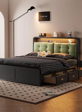 北欧黑色实木床现代简约复古软靠床1.8m1.5m双人床高箱储物小户型