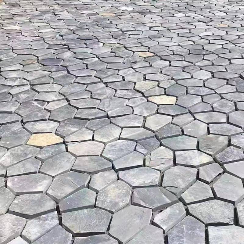 青石板冰裂纹不规则碎拼文化石庭院多边形网贴黑色地砖青锈色板岩