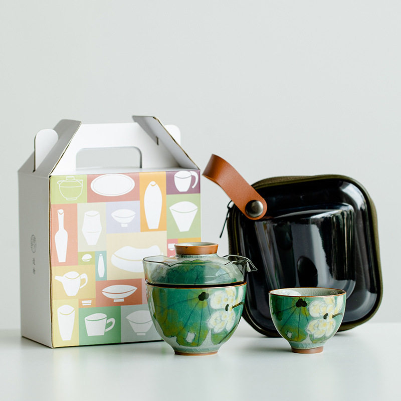 且来冰片釉手绘夏荷旅行茶具套装创意户外陶瓷便携式茶具玻璃快客